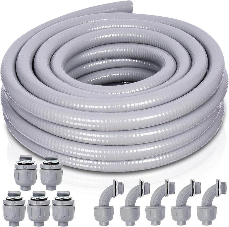 Feotech Liquid-Tight Conduit and Connector Kit - 1/2 Inch 25 FT Non Metallic Liquid Tight Electrical Conduit with 5 Straight and 5 Angle Fittings - Image 1